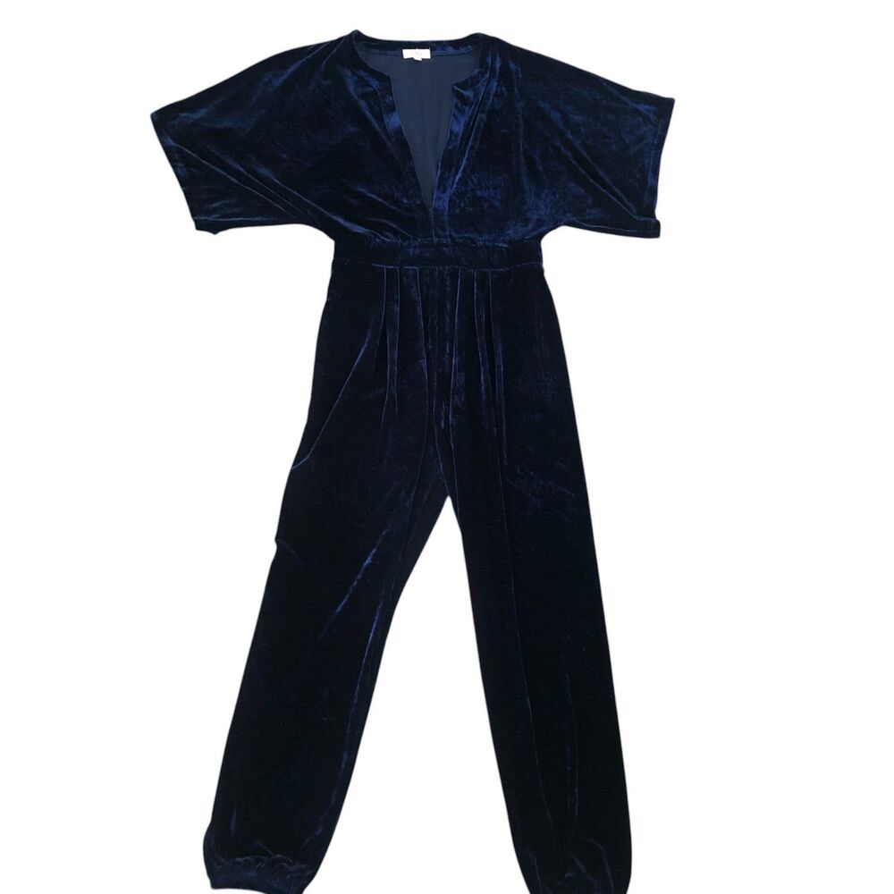 Elan Sexy Simple Luxury Velvet Jumpsuit Women's‎ Blue Deep V-Neck Short Sleeve M